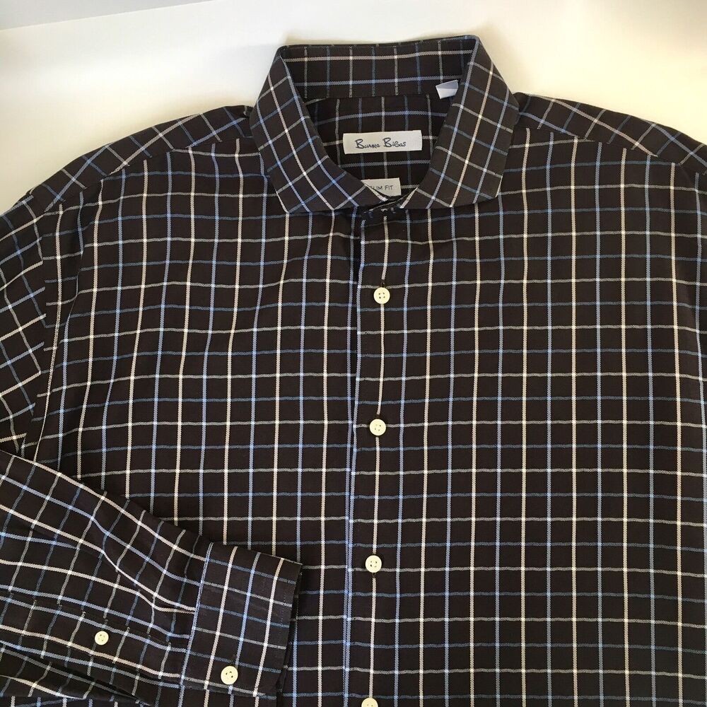Burma Bibas Shirt Sz 17 1/2 - 34/35 Slim Fit Long Sleeved Plaid Brown/Blue/White